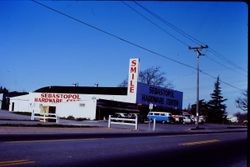 Smile sign at the Sebastopol Hardware Center at 660 Gravenstein Highway North, Sebastopol, California, February 1977