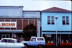 Main Street Sebastopol shops Analy Bazaar and Myst Books on 100 block of west side of North Main Street, Sebastopol, California, 1977