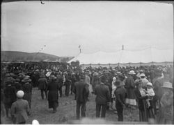 Gravenstein Apple Show exhibit, about 1915 in Sebastopol, showing a large crowd outside the tent at the Apple Show