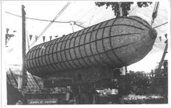 1913 Gravenstein Apple Show display of a zeppelin (dirigible) made of whole and sliced apples