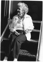 Grace Abbott in front of the boxcar at West County Museum at the time she recorded her oral history with Arlene Houghton in 1992