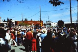 Brookhaven Junior High marching band just past the intersection of South Main and Burnett Street in the Apple Blossom Parade, Sebastopol, California, 1970s