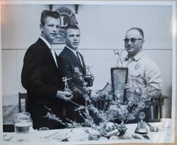 Sebastopol Lions Club football awards dinner with Jeff Nelson, Al Rabinovitz and an unidentified man, about 1955