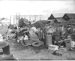 Large pile of scrap metal near the Speas Mfg. buildings in Sebastopol during a World War II American Legion Scrap Drive, November 14, 1942