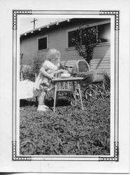 Toddler Drusilla Abbott playing with her second birthday gifts in her yard on Bosley Street, Santa Rosa, June 1934