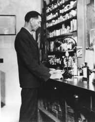 George Pease in Pease Pharmacy, located at corner of North Main and Bodega (Highway 12) in Sebastopol, California