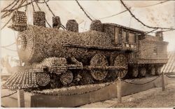 1915 Gravenstein Apple Show display of train engine made of apples