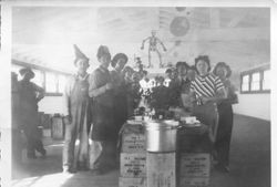 O. A Hallberg & Sons cannery cafeteria at Halloween, 1940s