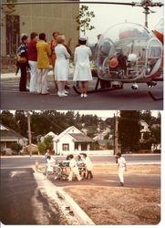 Four photographs of Palm Drive practice emergency evacuation drill with the Sonoma County Sheriff's helicopter, 1976