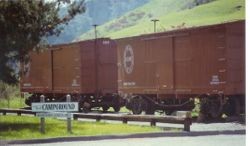 Two railroad cars of the Petaluma & Santa Rosa Railroad (P&SR) in Duncans Mills, California, about 1983