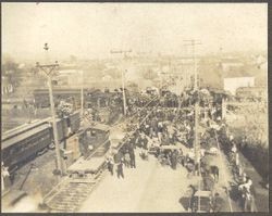 Petaluma & Santa Rosa Railway freight motor No. 8 pushes a flatcar, which contains materials needed to complete the Sebastopol Avenue crossing during the Battle of Sebastopol Avenue March, 1, 1905 between the electric Petaluma & Santa Rosa Railway and the steam California Northwestern (CNW) railroad right-of-way