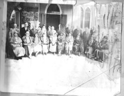 Golden Wedding Club gathering at the entrance to the Congregational Church on South Main Street in Sebastopol, 1930s