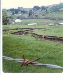 View of the damage caused by a landslide at 2540 Blucher Valley Road, south of Sebastopol, California, April 1983