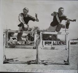 Analy High School Tigers track team, 1950--Twins Dick and Bob DeVilbiss, Analy hurdlers; Wes Nott receiving pole vault 1st place medal at the El Cerrito Relays 1950; unidentified Tigers participant receiving 1st place award at the El Cerrito Relays