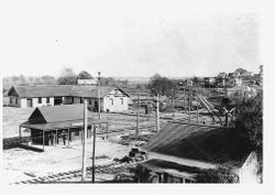 Original wooden Petaluma & Santa Rosa Railway depot, powerhouse and tracks in downtown Sebastopol, California