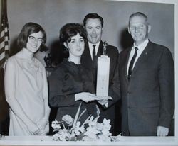 Sebastopol Lions Club speech contest contestants Marirae Donaldson, runner-up, Sue Ohrenstein, winner, with Analy faculty Bernard Martinson and Lee Merschon, about 1963