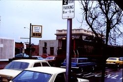 Southern Pacific train down North Main Street, Sebastopol, California, 1977