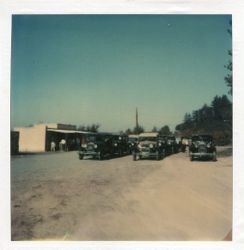 Vintage cars visit the Hallberg Apple Farm roadside stand, October, 1982