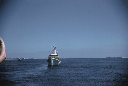 R/V Stranger (ship) departing San Diego for the Naga Expedition in the Gulf of Thailand and the South China Sea during the period of October, 1959, to December, 1960. The expedition was jointly sponsored by the Governments of South Viet Nam, Thailand and the United States of America. It had a two-fold purpose; to collect oceanographic, biological and fisheries data and material and to train scientists and technicians from Thailand and South Viet Nam in oceanography and marine biology. June 15, 1959
