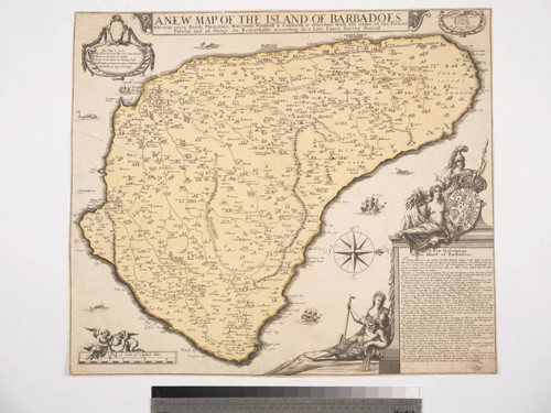 New Map of the Island of Barbadoes wherein every Parish, Plantation, Watermill, Windmill & Cattlemill is described with the name of the Present Possesor, and all things els remarkable according to a Late Exact Survey therof