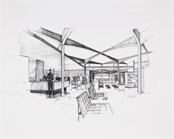 Architectural rendering of proposed front entry and circulation desk at the Central Santa Rosa Library, circa 1960