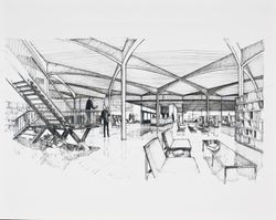 Architectural rendering of proposed front entry and circulation desk area at the Central Santa Rosa Library, showing stairs to the mezzanine, circa 1960