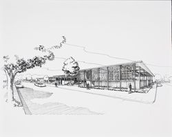 Architectural rendering of proposed Central Santa Rosa Library exterior showing the corner of Fourth and E Streets, circa 1960