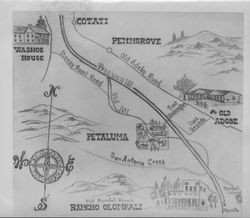 Map of Sonoma County showing the locations of the Washoe House, Rancho Olompali, Old Adobe and Cotati