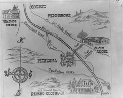 Map of Sonoma County showing the locations of the Washoe House, Rancho Olompali, Old Adobe and Cotati