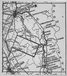 Map of Sonoma County showing Santa Rosa, Cotati, Petaluma and the Napa County line, about 1960