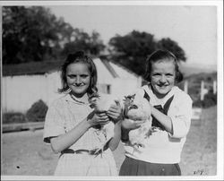 Two girls holding chickens at the Lytton Home (the Salvation Army Boys and Girls Industrial Home and Farm in Lytton, California), Lytton, California, 1921