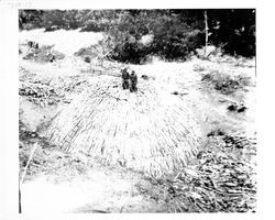 Two men standing on top of a charcoal mound