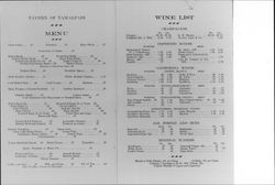 Menu and wine list from Tavern of Tamalpais