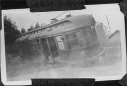 Petaluma and Santa Rosa Railroad car derailed at Stony Point Station, about 1920