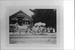 Two horses pulling a carriage decorated for the Rose Parade