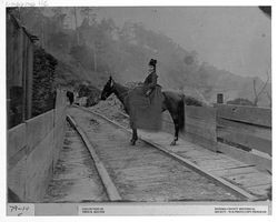 Mrs. Vanderleith on horseback on ramp at Fuller's Mill