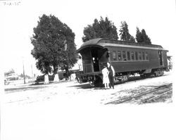 Open platform wooden combination car #181 at Duncans Mills, California, about 1935