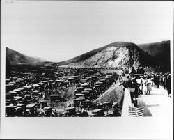 Large crowd and many cars at the grand opening of the highway bridge across the Russian River at Jenner, California, October 4, 1931