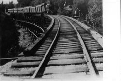 Train crossing narrow gauge railroad trestle between Camp Meeker and Occidental