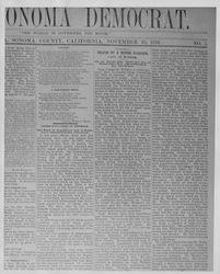 Portion of the front page of the Sonoma Democrat, November 25, 1876, Santa Rosa, California