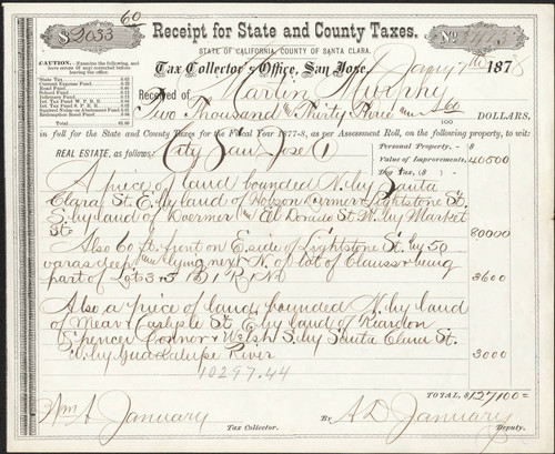 Receipt for State and County Taxes: Tax Collector's Office, San Jose