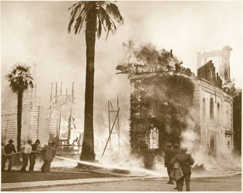 Men with Hose Spraying Fire in Mission Curch, 1926