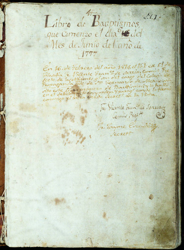 1st page of the Book of Baptisms of Mission Santa Clara