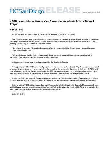 UCSD names interim Senior Vice Chancellor Academic Affairs Richard Attiyeh