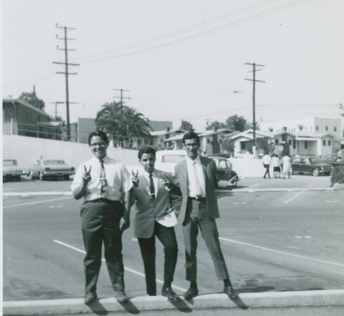 Three friends, Stevenson Junior High School parking lot, Boyle Heights