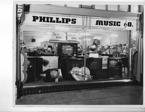 Window display, Phillips Music Company, Boyle Heights