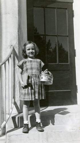 Lynn Haines (Dickhoff) on her first day of kindergarten in Topanga, California