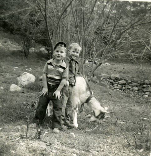 David Swenson with cousin Mark Herranen and family goat Dolly in Topanga, California