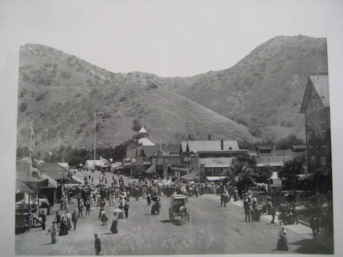 Pedestrians and horse-drawn buggy in Avalon, California