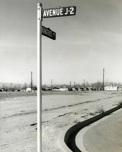 Lancaster Library empty building site and street sign, Avenue J-2 and Kingtree Avenue